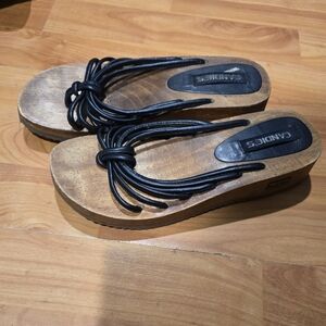 Vtg Y2K Candie's Wood Platform Chunky Leather Strap Size 8.5